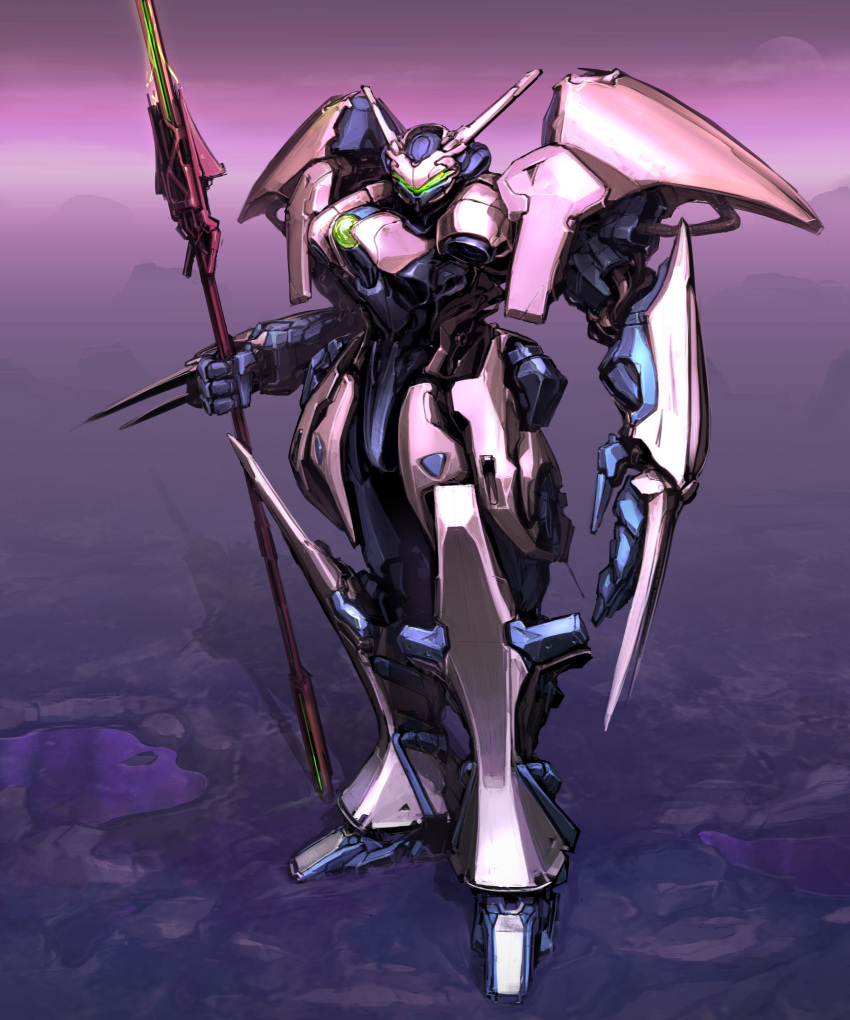 absurdres glowing highres holding holding_polearm holding_weapon ksenolog looking_down mecha no_humans original polearm science_fiction solo standing visor weapon wrist_blades