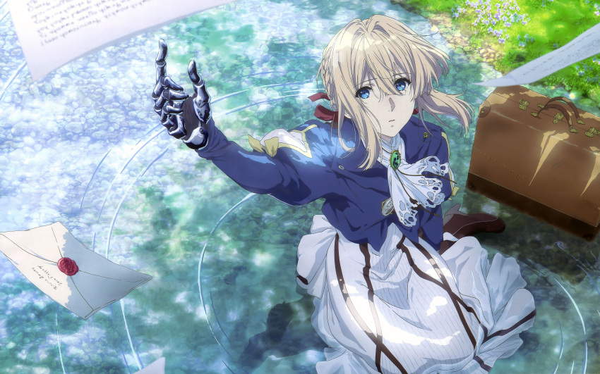 1girl absurdres ascot blonde_hair blue_eyes boots brown_footwear day dress eyebrows_visible_through_hair floating_hair hair_between_eyes highres iwasaki_nami letter long_dress looking_up outdoors shiny shiny_hair short_hair_with_long_locks sidelocks sitting solo violet_evergarden violet_evergarden_(character) wariza white_dress white_neckwear