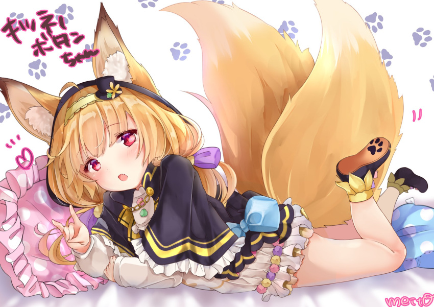 1girl :o animal_ear_fluff animal_ears bare_legs blonde_hair bow capelet commentary_request dress fang flower_knight_girl fox_ears fox_girl fox_shadow_puppet fox_tail frilled_capelet frilled_dress frills full_body hair_ribbon hairband hat highres hood hood_up jacket kitsune_no_botan_(flower_knight_girl) long_hair long_sleeves looking_at_viewer lying meito_harmren mini_hat mini_top_hat multiple_tails on_stomach paw_shoes pillow red_eyes ribbon shoes short_dress tail tied_hair top_hat two_tails