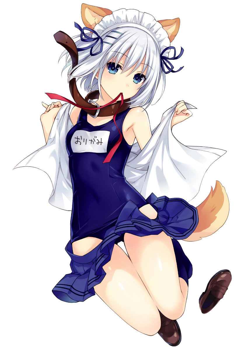 1girl absurdres animal_ears blue_eyes date_a_live dog_ears dog_tail highres mouth_hold official_art open_clothes open_shirt ribbon ribbon_in_mouth school_swimsuit school_uniform short_hair silver_hair swimsuit tail tobiichi_origami tsunako