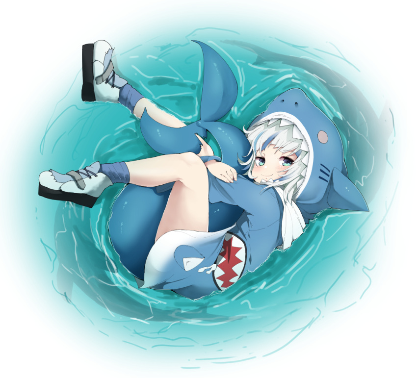 1girl animal animal_hood bangs blue_hair blue_hoodie blue_legwear closed_mouth commentary_request fish_tail full_body gawr_gura green_eyes hololive hololive_english hood hood_down hoodie long_sleeves looking_at_viewer lying multicolored_hair noa_(nagareboshi) on_side ripples shark shark_hood shark_tail shoes smile socks solo streaked_hair tail tail_hug virtual_youtuber water white_footwear