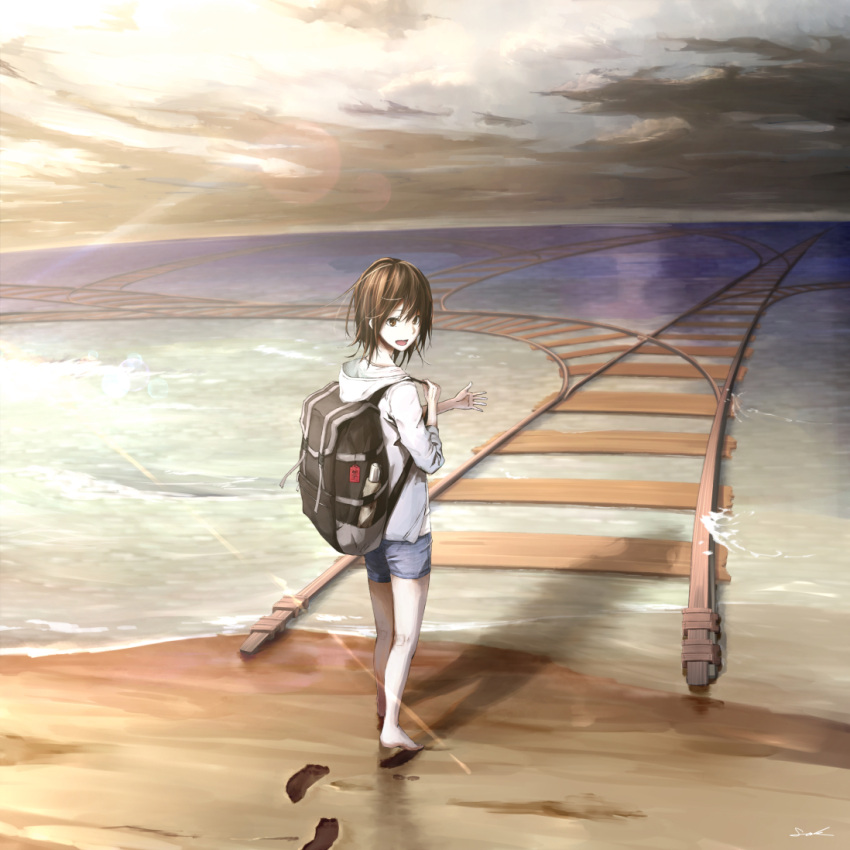 1girl backpack bag barefoot blue_shorts brown_eyes brown_hair clouds cloudy_sky commentary_request footprints from_behind hood hood_down jacket ocean open_clothes open_jacket original railing sak_(user_yarg) sand short_hair shorts sky solo walking waves white_jacket