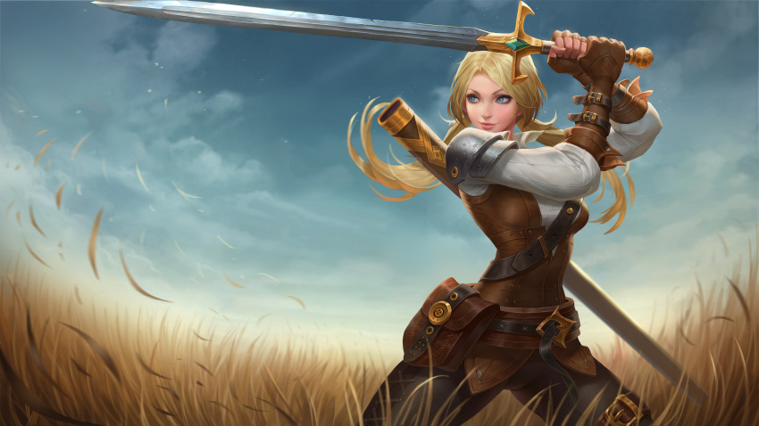 1girl absurdres arena_of_valor belt butterfly_(arena_of_valor) clouds gloves grass highres leather leather_pants official_art pants solo sword tight tight_pants weapon