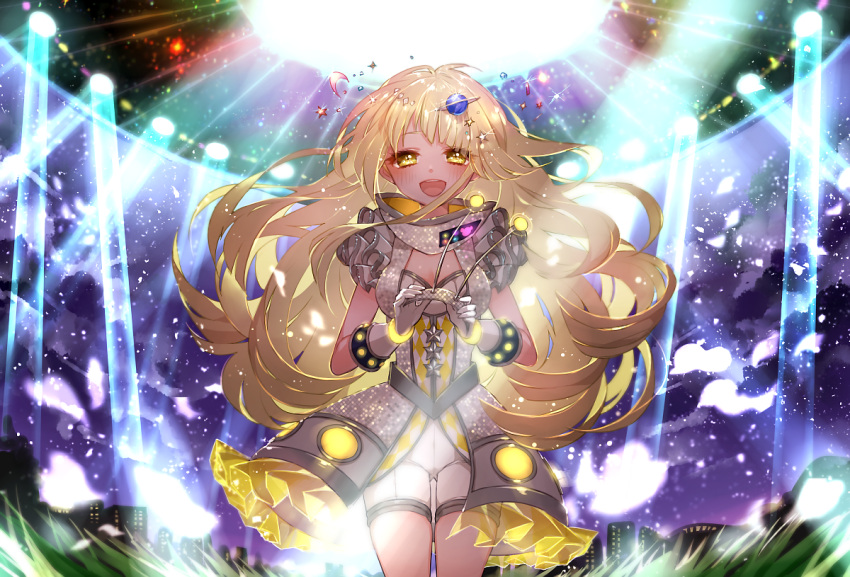 1girl :d alien_alien_(vocaloid) bang_dream! bangs blonde_hair blush chino_machiko cleavage_cutout cosplay dress fake_antennae frilled_sleeves frills gloves hairband_removed holding long_hair night open_mouth outdoors overskirt petals planet_hair_ornament round_teeth searchlight shorts sky smile solo star_(sky) starry_sky teeth tsurumaki_kokoro ufo upper_teeth vocaloid white_gloves yellow_eyes