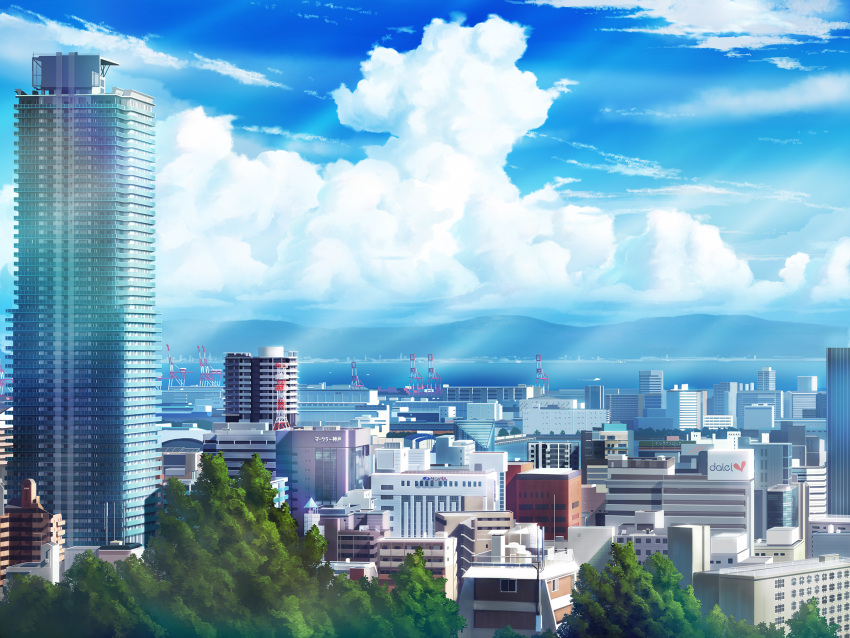 blue_sky building city cityscape clouds cloudy_sky commentary_request day hankachi_(okayama012) harbor highres light_rays mountainous_horizon ocean original outdoors power_lines radio_antenna scenery ship sign sky skyscraper sunbeam sunlight tree watercraft