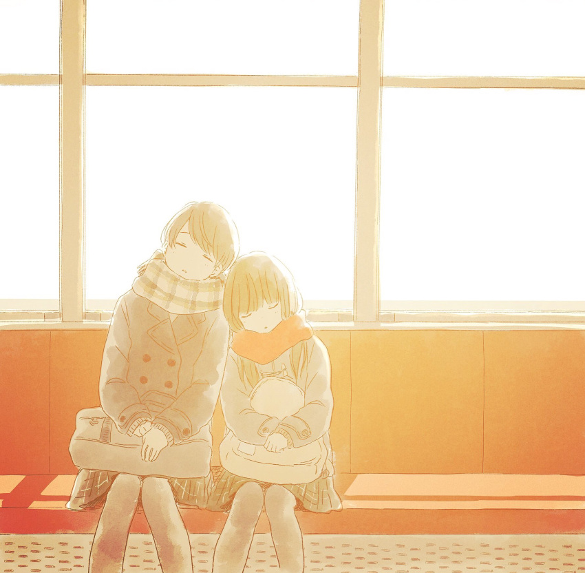 2girls bag closed_eyes highres holding indoors itunohika lens_flare lying_on_person multiple_girls parted_lips red_scarf scarf school_bag skirt sleeping train_interior