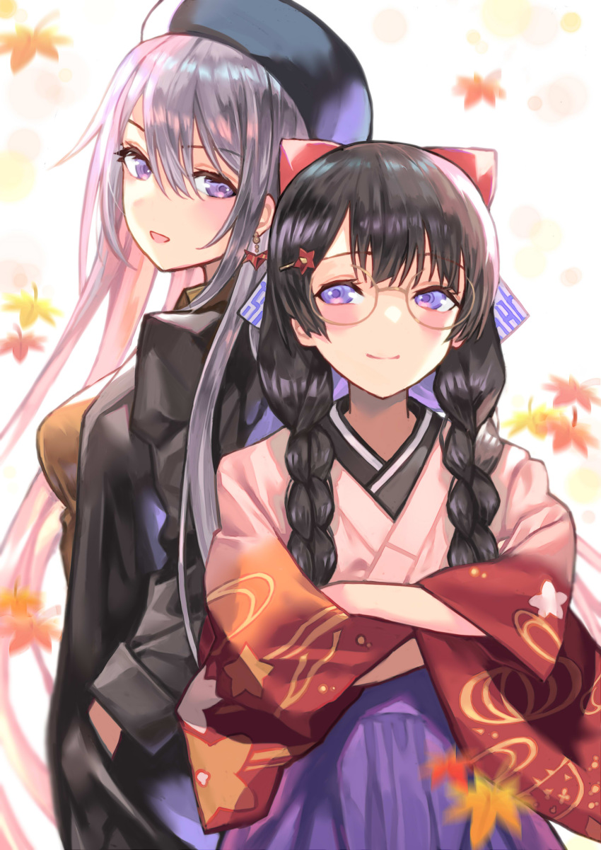 2girls absurdres beret black_hair blue_eyes bow braid crossed_arms denchu_(kazudentyu) glasses hair_bow hair_ornament hairclip hand_in_pocket hat highres higuchi_kaede japanese_clothes kimono leaf long_coat long_hair looking_at_another maple_leaf multiple_girls nijisanji origami paper_crane silver_hair smile star star_hair_ornament tagme tsukino_mito twin_braids very_long_hair violet_eyes virtual_youtuber white_background