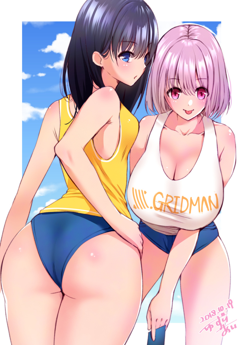 2girls arm_behind_back ass back bangs bare_shoulders black_hair blue_buruma blue_eyes blue_sky border breasts buruma card cleavage clothes_writing collarbone copyright_name dated hand_on_hip hanging_breasts highres hips huge_breasts lavender_hair leaning_forward long_hair looking_at_viewer looking_back medium_breasts multiple_girls open_mouth parted_lips red_eyes shinjou_akane short_hair sky ssss.gridman takarada_rikka thighs tongue tongue_out white_border white_tank_top yellow_tank_top yuzuri_ai