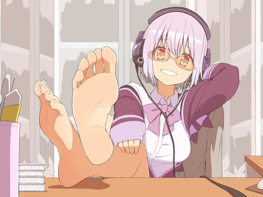 1girl arm_behind_head bangs barefoot bow collared_shirt crossed_ankles desk eyebrows_visible_through_hair feet feet_up glasses grin headset highres jacket lavender_hair long_sleeves looking_at_viewer off_shoulder open_clothes pov_feet purple_jacket salpin school_uniform shinjou_akane shirt short_hair smile soles solo ssss.gridman toes