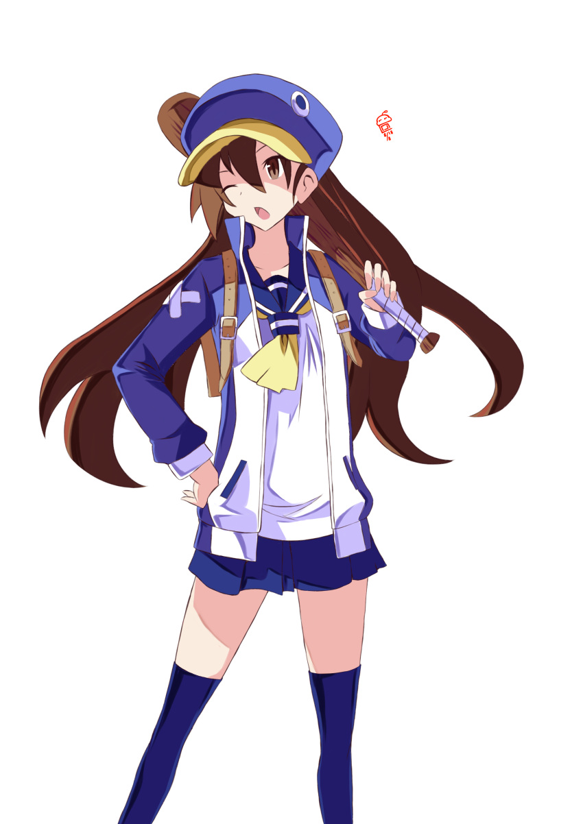 1girl absurdres backpack bag baseball_bat black_legwear blue_legwear brown_hair disgaea hat highres jacket kazamatsuri_fuuka long_hair looking_away makai_senki_disgaea_4 one_eye_closed pleated_skirt sailor_collar school_uniform simple_background skirt solo thigh-highs twintails white_background yudhacakranidji