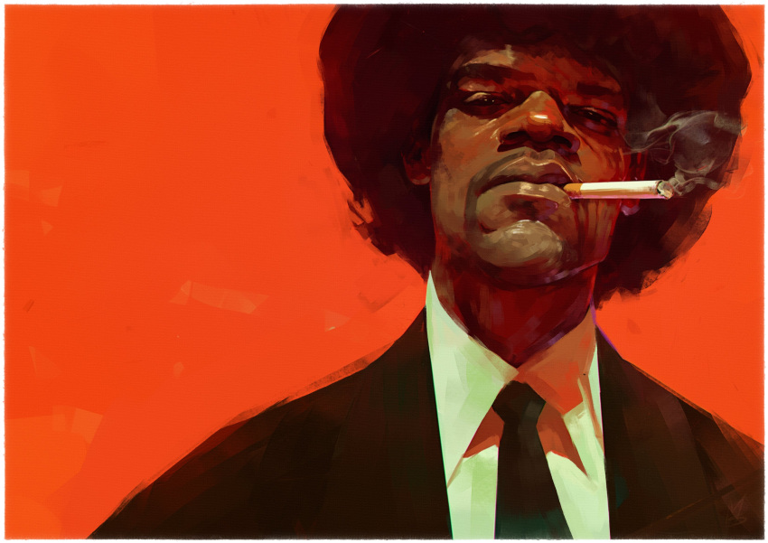 1boy absurdres afro black_necktie black_suit border cigarette collared_shirt commentary_request dark-skinned_male dark_skin facial_hair faux_traditional_media from_below highres jules_winnfield looking_at_viewer male_focus mouth_hold mustache necktie orange_background orange_theme pulp_fiction shirt short_hair simple_background smoke smoking solo suit upper_body white_border white_shirt whitehogiii