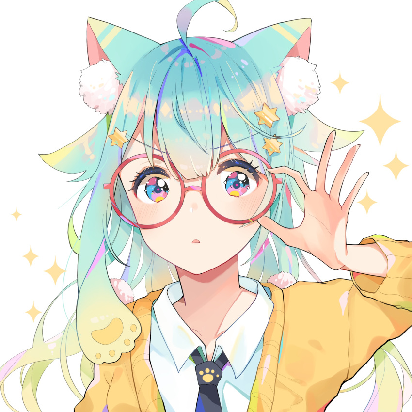 1girl adjusting_eyewear ahoge animal_ear_fluff animal_ears aqua_hair arm_up bangs black_neckwear blue_eyes blush cardigan cat_ears collarbone eyebrows_visible_through_hair fingernails glasses hair_between_eyes hair_ornament highres long_hair looking_at_viewer mao_ge multicolored multicolored_eyes necktie original parted_lips pink_eyes red-framed_eyewear round_eyewear shirt simple_background solo sparkle star star_hair_ornament upper_body v-shaped_eyebrows white_background white_shirt yellow_cardigan