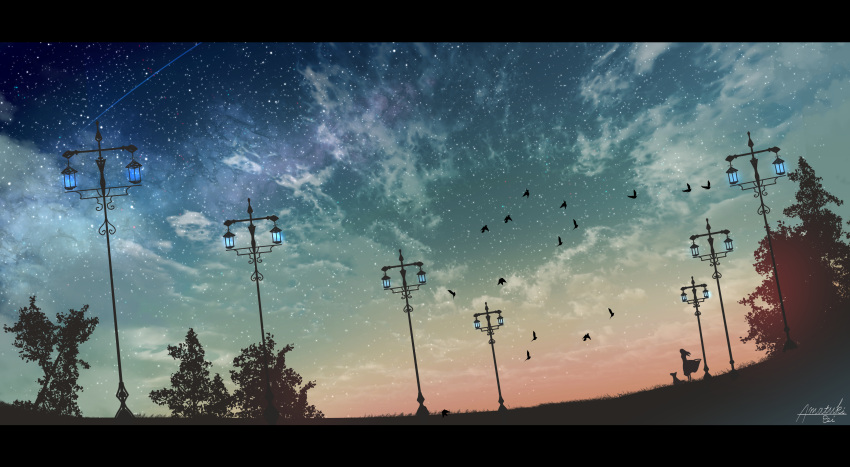 1girl absurdres amatsuki_rei animal artist_name bird clouds dog dress flock gradient_sky highres lamppost letterboxed long_hair original outdoors scenery signature silhouette sky solo standing star_(sky) starry_sky tree twilight wind wind_lift