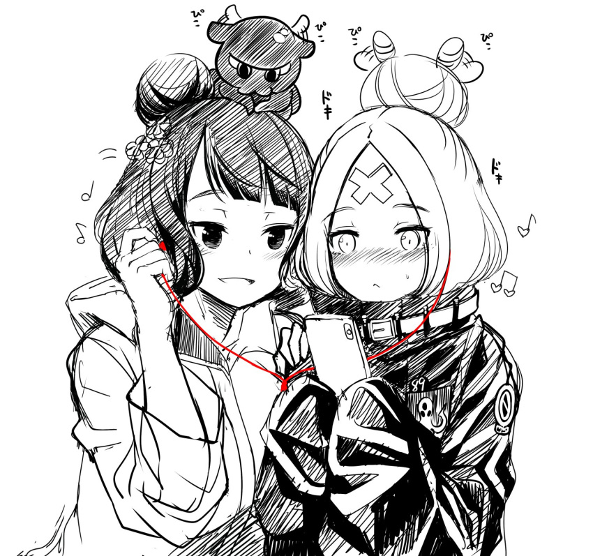 2girls abigail_williams_(fate/grand_order) bangs beamed_eighth_notes cellphone commentary_request crossed_bandaids earphones eighth_note fate/grand_order fate_(series) flower hair_bun hair_flower hair_ornament hand_on_another's_shoulder heart highres hitotsuki_nebura holding holding_cellphone holding_phone katsushika_hokusai_(fate/grand_order) multiple_girls musical_note octopus open_mouth parted_bangs phone shared_earphones sketch sleeves_past_wrists spot_color tokitarou_(fate/grand_order) upper_body white_background