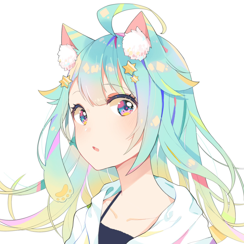 1girl ahoge animal_ear_fluff animal_ears aqua_hair bangs black_camisole blue_eyes blush camisole cat_ears eyebrows_visible_through_hair fang hair_between_eyes hair_ornament highres hood hood_down hooded_jacket jacket long_hair looking_at_viewer mao_ge multicolored multicolored_eyes open_clothes open_jacket original parted_lips pink_eyes simple_background solo star star_hair_ornament upper_body white_background white_jacket