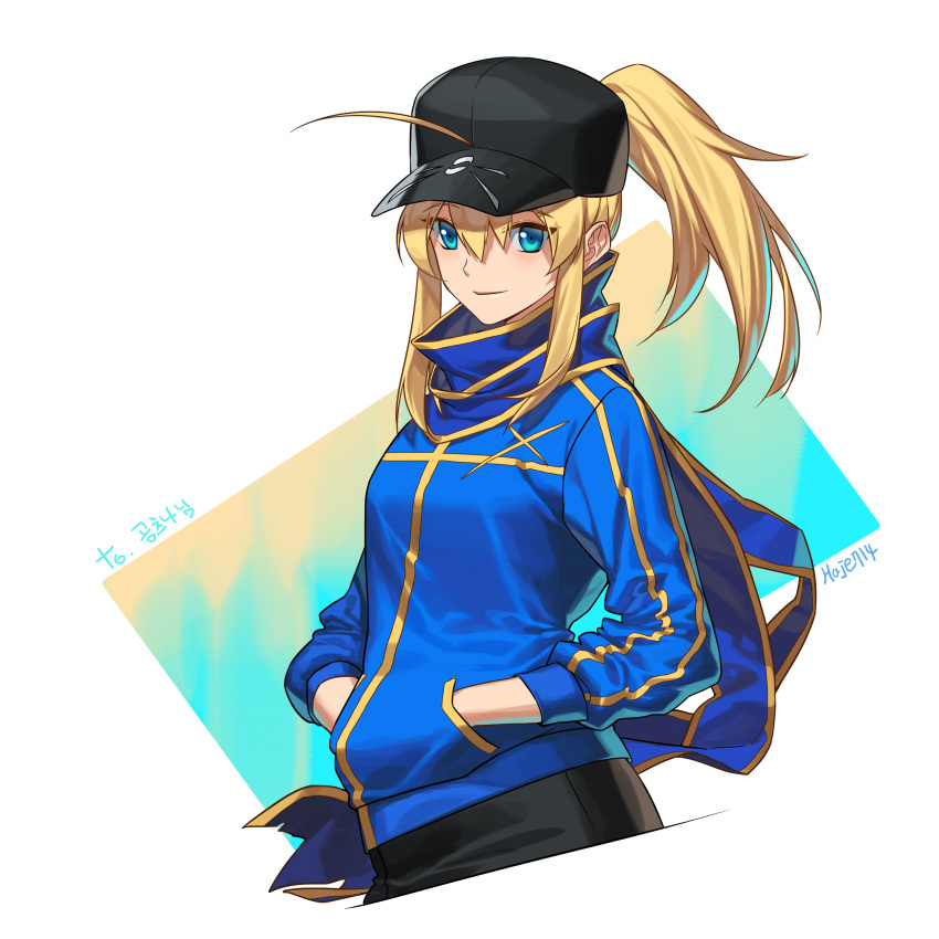 1girl absurdres ahoge artist_name artoria_pendragon_(all) black_hat blonde_hair blue_eyes blue_scarf blue_sweater fate/grand_order fate_(series) hair_between_eyes haje hands_in_pocket hat high_ponytail highres long_hair mysterious_heroine_x scarf sidelocks smile solo sweater upper_body