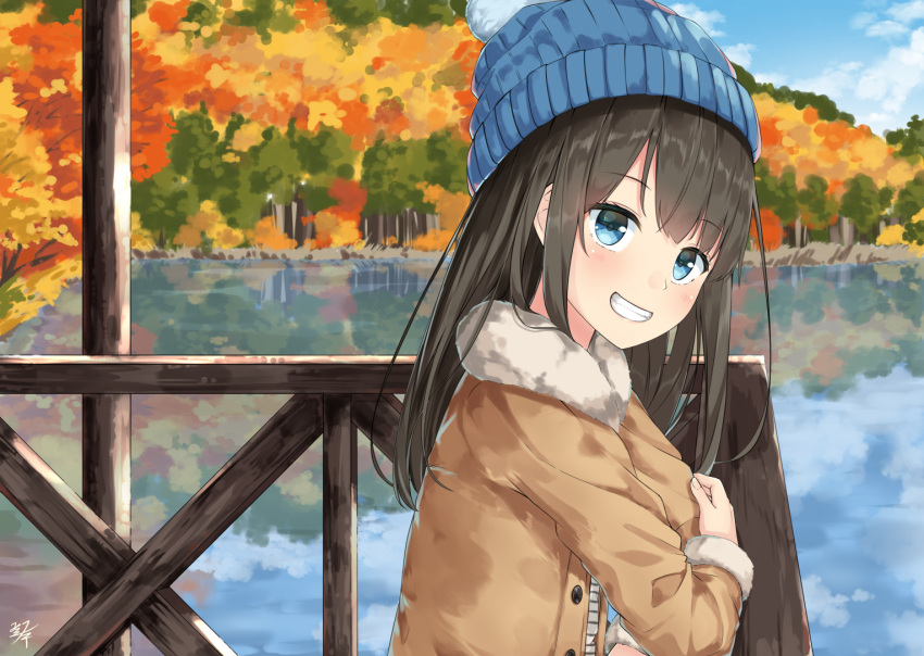 1girl :d autumn_leaves black_hair blue_eyes blue_sky blurry clouds cloudy_sky commentary_request depth_of_field fur_trim hat horizon jacket lake leaf long_hair looking_at_viewer maple_leaf miko_fly open_mouth original reflection sky smile solo tree
