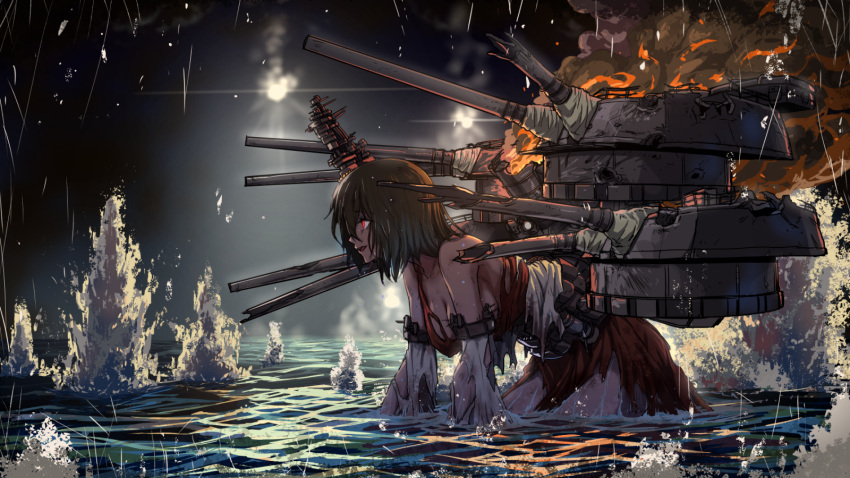 1girl all_fours black_hair breasts cannon commentary_request damaged detached_sleeves fire hair_ornament highres japanese_clothes kantai_collection large_breasts night nontraditional_miko ocean outdoors partially_submerged red_eyes remodel_(kantai_collection) rigging shinmai_(kyata) short_hair sky solo torn_clothes turret wide_sleeves yamashiro_(kantai_collection)