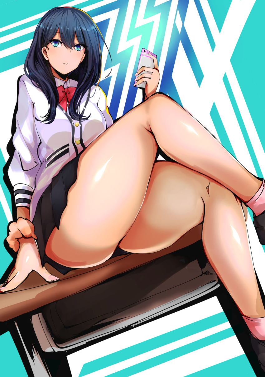 1girl absurdres agetama ass black_hair blue_eyes breasts cellphone desk highres legs loafers long_hair looking_at_viewer medium_breasts phone pink_legwear pleated_skirt school_desk school_uniform scrunchie shoes sitting skirt smartphone socks solo ssss.gridman takarada_rikka thick_thighs thigh-highs thighs