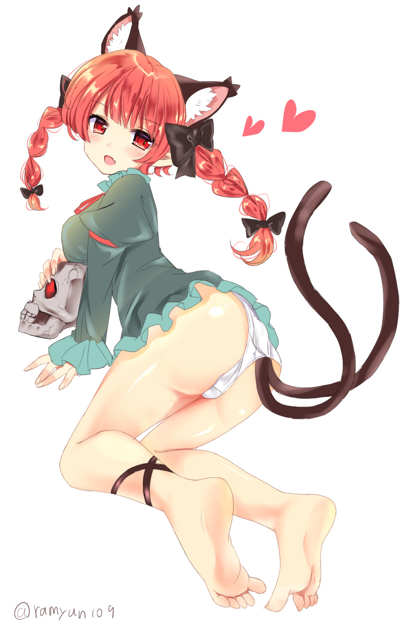 1girl animal_ear_fluff animal_ears ankle_ribbon artist_name ass bangs bare_legs barefoot black_bow black_ribbon blush bow braid cat_ears cat_tail commentary_request dress fang frills green_dress hair_bow heart highres holding holding_skull juliet_sleeves kaenbyou_rin long_hair long_sleeves looking_at_viewer multiple_tails neck_ribbon nekomata open_mouth panties pointy_ears puffy_sleeves ramudia_(lamyun) red_neckwear red_ribbon ribbon shiny shiny_skin short_dress simple_background skull solo tail thighs touhou twin_braids twintails twitter_username two_tails underwear white_background white_panties