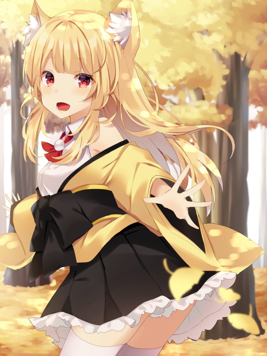 1girl :d animal_ear_fluff animal_ears bangs bare_shoulders black_skirt blonde_hair blurry blurry_foreground blush breasts cat_ears collared_shirt commentary_request day depth_of_field eyebrows_visible_through_hair ginkgo ginkgo_leaf highres jacket komomo_(ptkrx) leaning_forward long_hair long_sleeves looking_at_viewer looking_to_the_side obi off_shoulder open_mouth original outdoors pleated_skirt red_eyes red_neckwear sash shirt skirt sleeveless sleeveless_shirt sleeves_past_wrists small_breasts smile solo standing thigh-highs tree very_long_hair white_legwear white_shirt wide_sleeves yellow_jacket