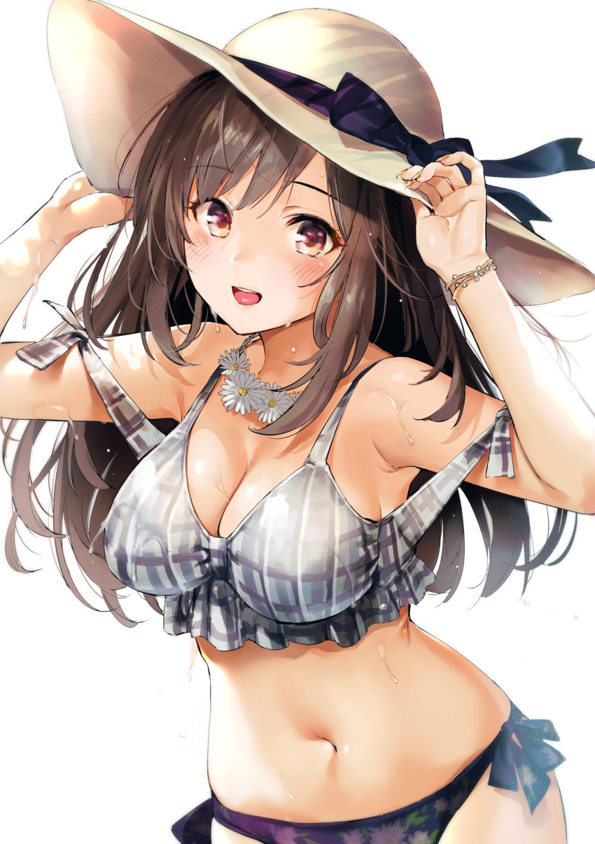 1girl absurdres armpits bangs bare_shoulders bikini blush bow bracelet breasts brown_eyes brown_hair cleavage collarbone commentary_request eyebrows_visible_through_hair floral_print flower flower_necklace grey_bikini_top hair_bow hands_on_headwear hat highres hips idolmaster idolmaster_shiny_colors jewelry large_breasts long_hair looking_at_viewer navel necklace open_mouth patterned_clothing plaid plaid_bikini purple_bikini_bottom revision side-tie_bikini sidelocks simple_background smile solo stomach sun_hat swept_bangs swimsuit tsukioka_kogane umakuchi_shouyu waist wet wristband