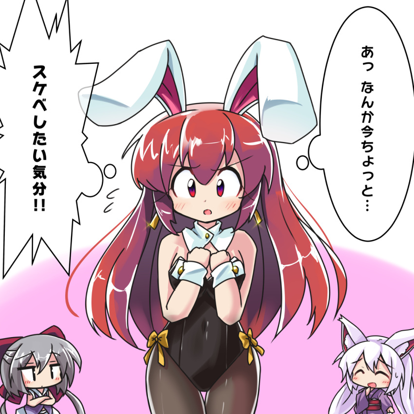 3girls :o animal_ear_fluff animal_ears bangs bare_arms bare_shoulders black_leotard blush bow breasts brown_legwear bunnysuit chibi commentary_request covered_navel crossed_arms detached_collar earrings eyebrows_visible_through_hair flying_sweatdrops fox_ears glint gradient gradient_background grey_hair hair_between_eyes hair_bow hands_on_own_chest hands_up highres japanese_clothes jewelry kimono leotard long_hair medium_breasts multiple_girls original pantyhose parted_lips pink_background purple_kimono rabbit_ears red_bow red_eyes redhead ryogo silver_hair sleeveless strapless strapless_leotard translation_request usami_tsuitachi very_long_hair white_background white_collar wrist_cuffs yellow_bow