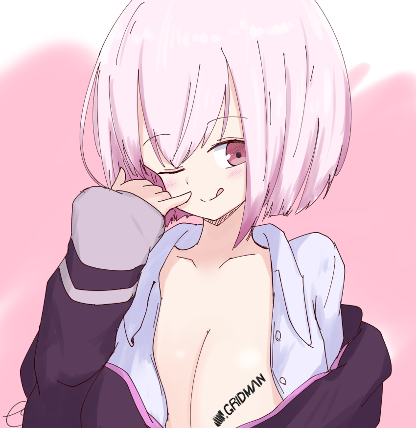 1girl ;q bangs blush breasts cleavage closed_mouth collarbone collared_shirt commentary_request copyright_name eyebrows_visible_through_hair hand_up head_tilt highres jacket kujou_karasuma long_sleeves looking_at_viewer medium_breasts off_shoulder one_eye_closed open_clothes open_jacket open_shirt pink_background pink_hair purple_jacket red_eyes shinjou_akane shirt signature simple_background sleeves_past_wrists smile solo ssss.gridman tongue tongue_out upper_body white_shirt