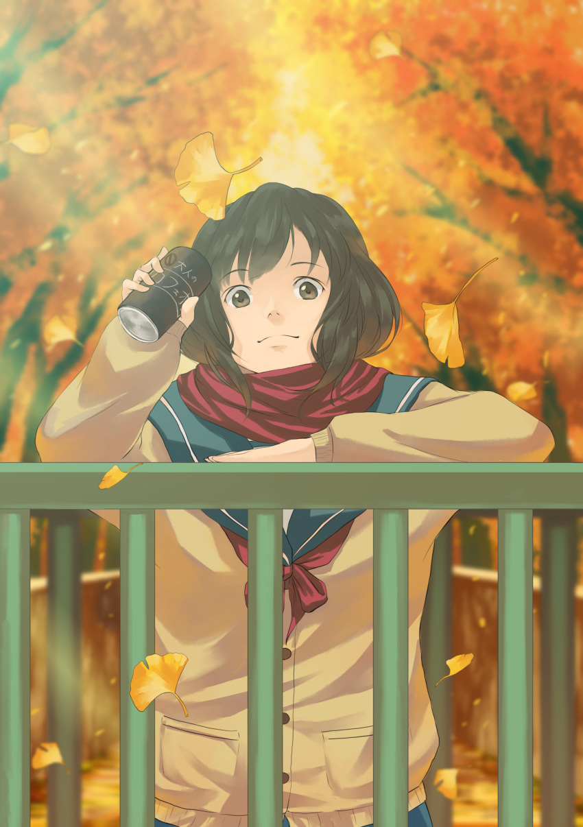 1girl absurdres autumn black_eyes black_hair blue_skirt blurry blurry_background brown_jacket can day drink ginkgo_leaf hand_up highres jacket looking_at_viewer medium_hair original outdoors railing red_scarf scarf school_uniform skirt solo tree w-moz9-w