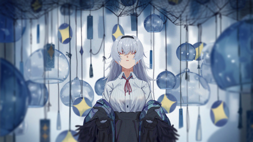 1girl bangs black_gloves black_hairband black_jacket black_skirt breasts collared_shirt feathers girls_frontline gloves hairband hands_up high-waist_skirt highres jacket long_hair long_sleeves looking_at_viewer medium_breasts neck_ribbon neck_scar open_mouth red_eyes red_ribbon ribbon scar shirt sidelocks skirt solo striped striped_shirt thunder_(girls_frontline) tsuaaa wind_chime