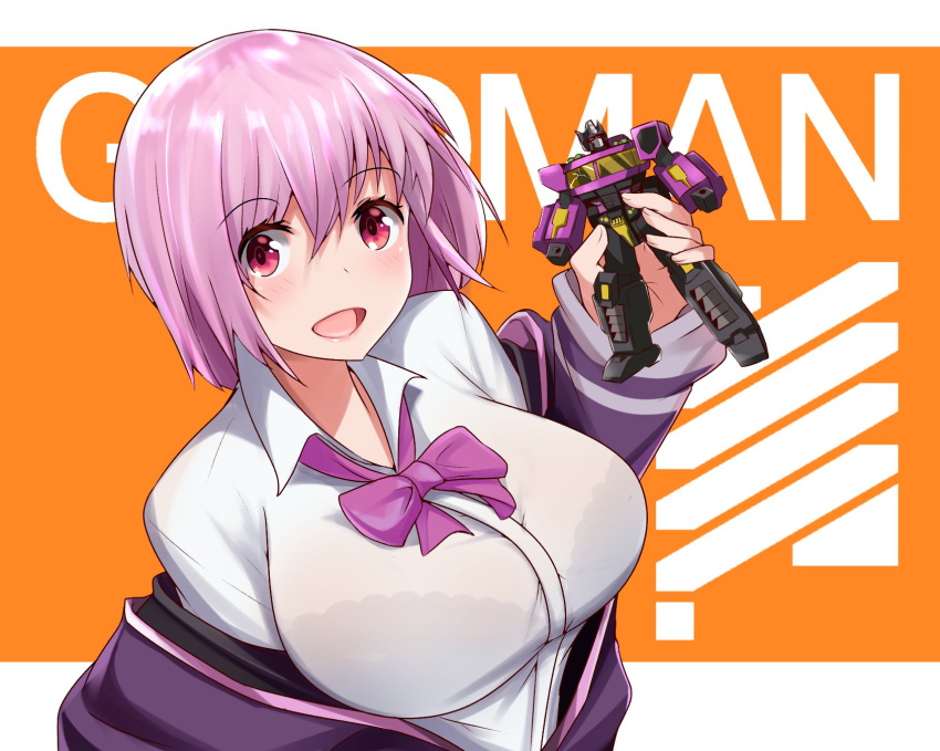 1girl altronage bangs bow breasts collared_shirt crossover english eyebrows_visible_through_hair highres jacket large_breasts lavender_hair optimus_prime_(shattered_glass) purple_jacket red_eyes robot school_uniform shinjou_akane shirt short_hair ssss.gridman title transformer transformers transformers_shattered_glass white_shirt