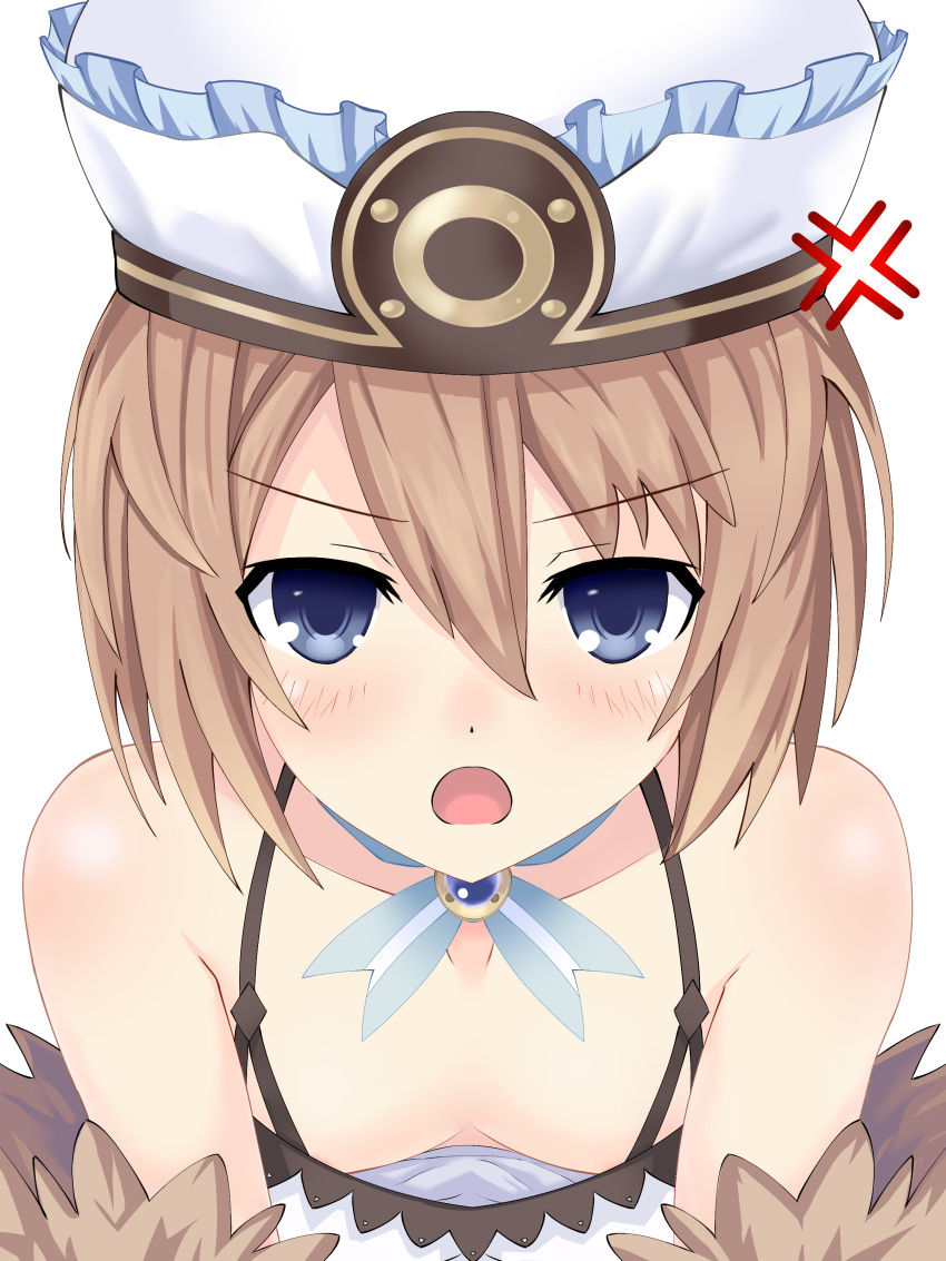 1girl absurdres angry bare_shoulders blanc blue_eyes blush breasts brown_hair cleavage collarbone dress en-sof fur_trim hair_between_eyes hat highres looking_at_viewer medium_hair neptune_(series) no_bra open_mouth simple_background small_breasts solo spaghetti_strap upper_body white_background white_dress