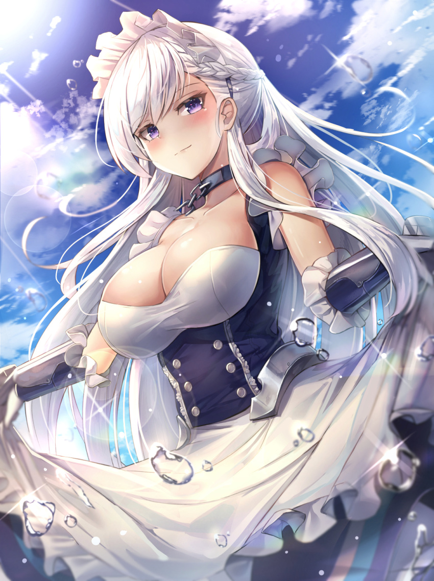 1girl apron arm_guards azur_lane bangs belfast_(azur_lane) blue_eyes blue_sky blush braid breasts chains cleavage closed_mouth clouds collar collarbone corset cowboy_shot day dress dress_lift eyebrows_visible_through_hair floating_hair french_braid frilled_gloves frills gloves highres large_breasts lifted_by_self long_hair looking_at_viewer maid maid_headdress motokonut outdoors sidelocks silver_hair skindentation sky smile solo sparkle splashing sunlight water_drop white_gloves