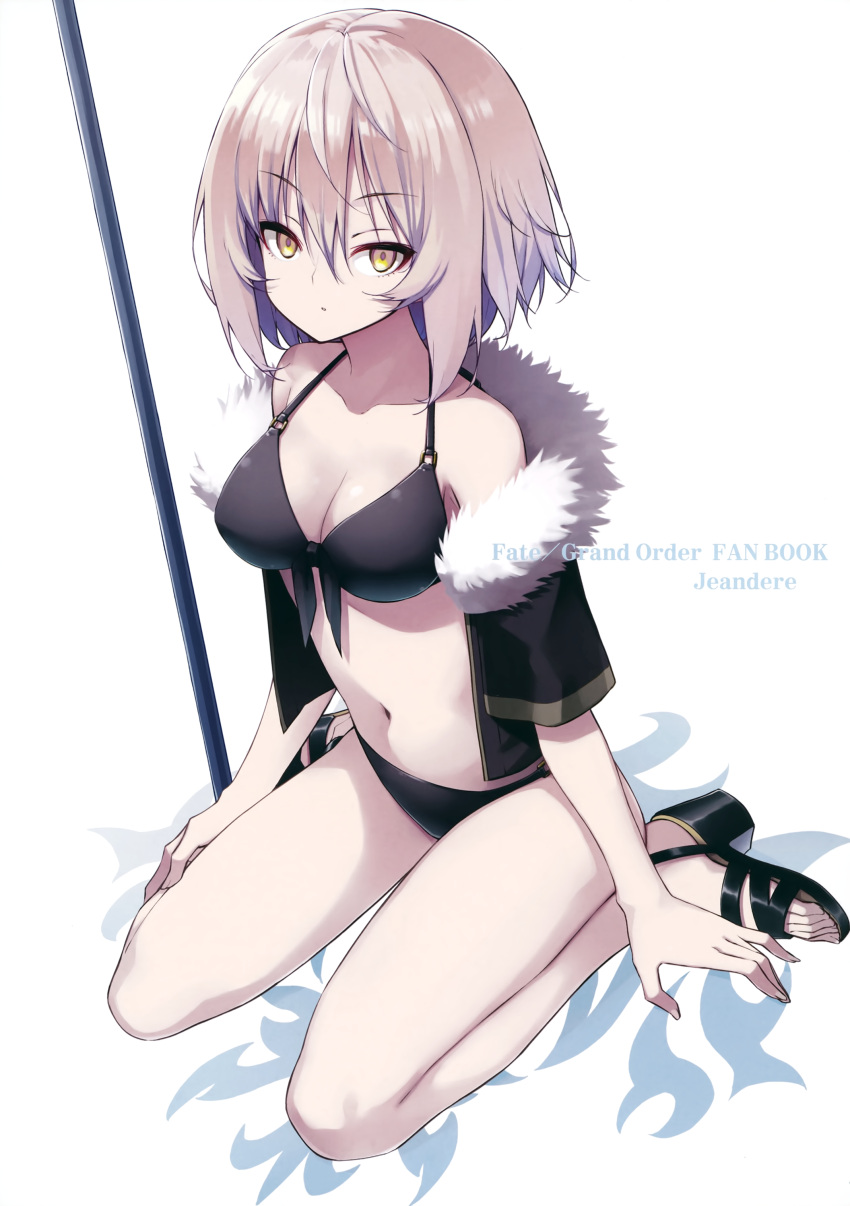 1girl absurdres bare_shoulders bikini black_bikini black_footwear breasts cleavage eyebrows_visible_through_hair fate/grand_order fate_(series) flagpole front-tie_bikini front-tie_top fur-trimmed_jacket fur_trim hair_between_eyes hama_chon highres jacket jeanne_d'arc_(alter)_(fate) jeanne_d'arc_(fate)_(all) looking_at_viewer medium_breasts navel open_clothes open_jacket sandals short_hair silver_hair sitting solo swimsuit wariza yellow_eyes
