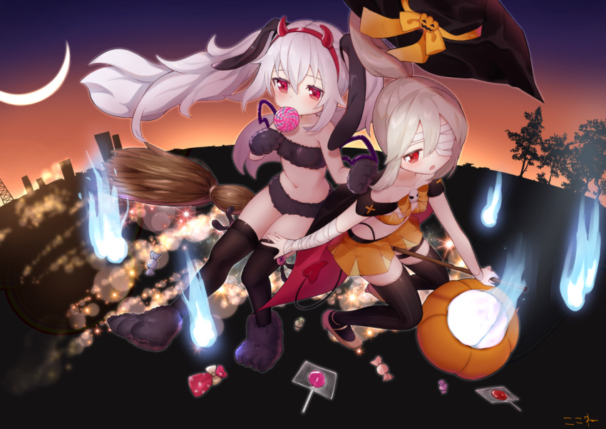 2girls :o animal_ears ayanami_(azur_lane) azur_lane bandage bandage_over_one_eye bandaged_arm bandages bangs bare_shoulders black_hat black_legwear bow broom broom_riding candy candy_wrapper cityscape collarbone commentary_request eyebrows_visible_through_hair fake_horns food fur_bikini gloves gradient_sky hair_between_eyes hairband halloween_basket hat hat_removed headwear_removed holding holding_food holding_lollipop horns jack-o'-lantern koko_ne_(user_fpm6842) laffey_(azur_lane) lollipop long_hair multiple_girls navel orange_bow orange_skirt orange_sky parted_lips paw_gloves paw_shoes paws pink_footwear pleated_skirt ponytail purple_sky rabbit_ears red_eyes red_hairband shoes silhouette silver_hair skirt sky spirit sunset swirl_lollipop thigh-highs tree twintails very_long_hair witch_hat