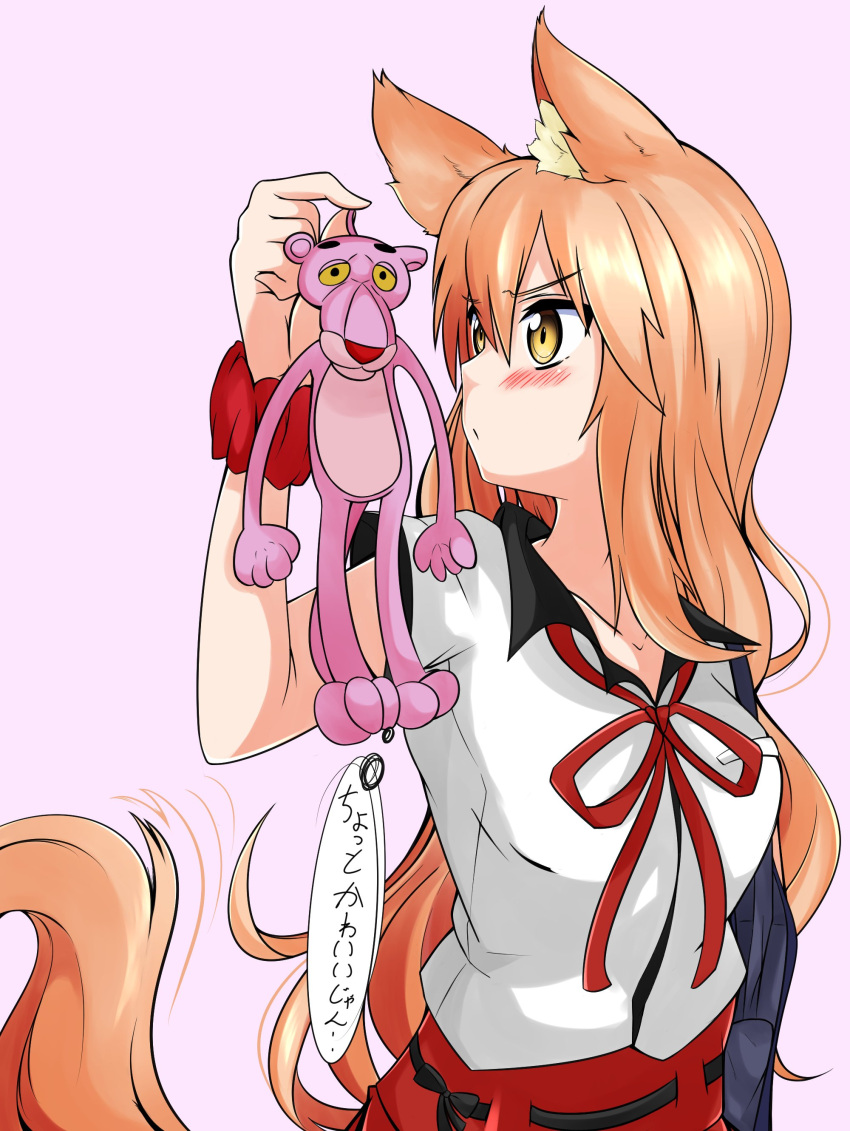 1girl absurdres animal_ear_fluff animal_ears bakunyuu_gorilla blonde_hair blouse blush doll fate/extra fate/extra_ccc fate/extra_ccc_fox_tail fate/grand_order fate_(series) fox_ears fox_tail highres long_hair pink_panther ribbon scrunchie skirt suzuka_gozen_(fate) tail wrist_scrunchie yellow_eyes