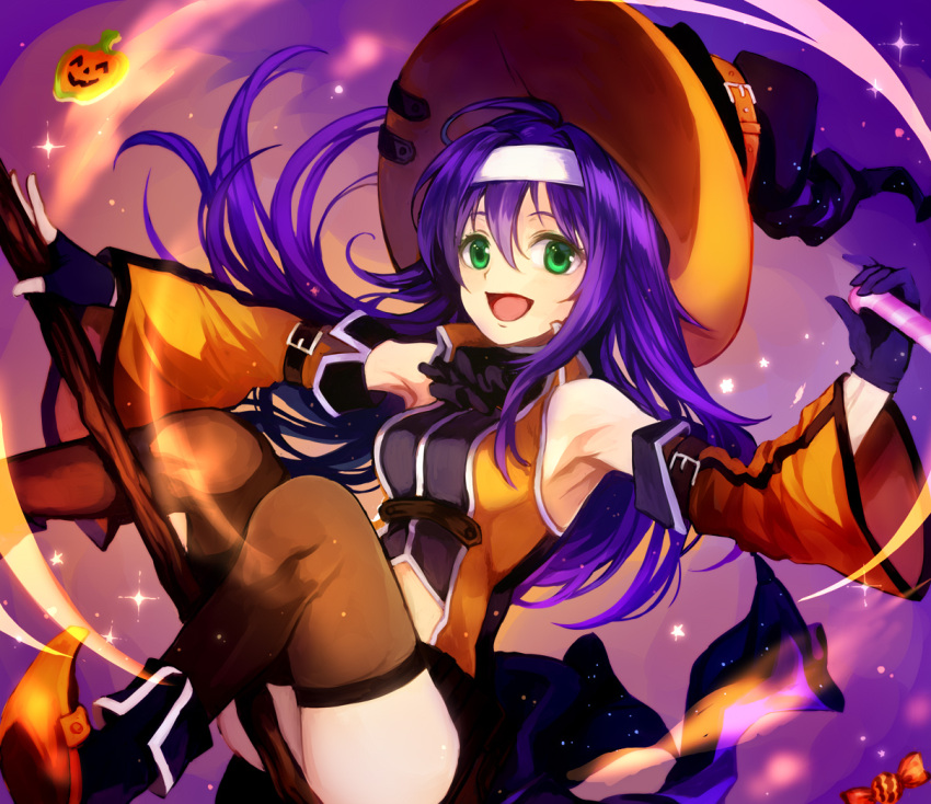 1girl armpits black_footwear boots breasts broom broom_riding brown_legwear candy commentary detached_sleeves fire_emblem fire_emblem:_akatsuki_no_megami fire_emblem:_souen_no_kiseki fire_emblem_heroes food gloves green_eyes halloween hat headband jurge long_hair looking_at_viewer medium_breasts midriff navel_cutout neckerchief nintendo open_mouth purple_hair smile solo thigh-highs wayu_(fire_emblem) wide_sleeves witch_hat