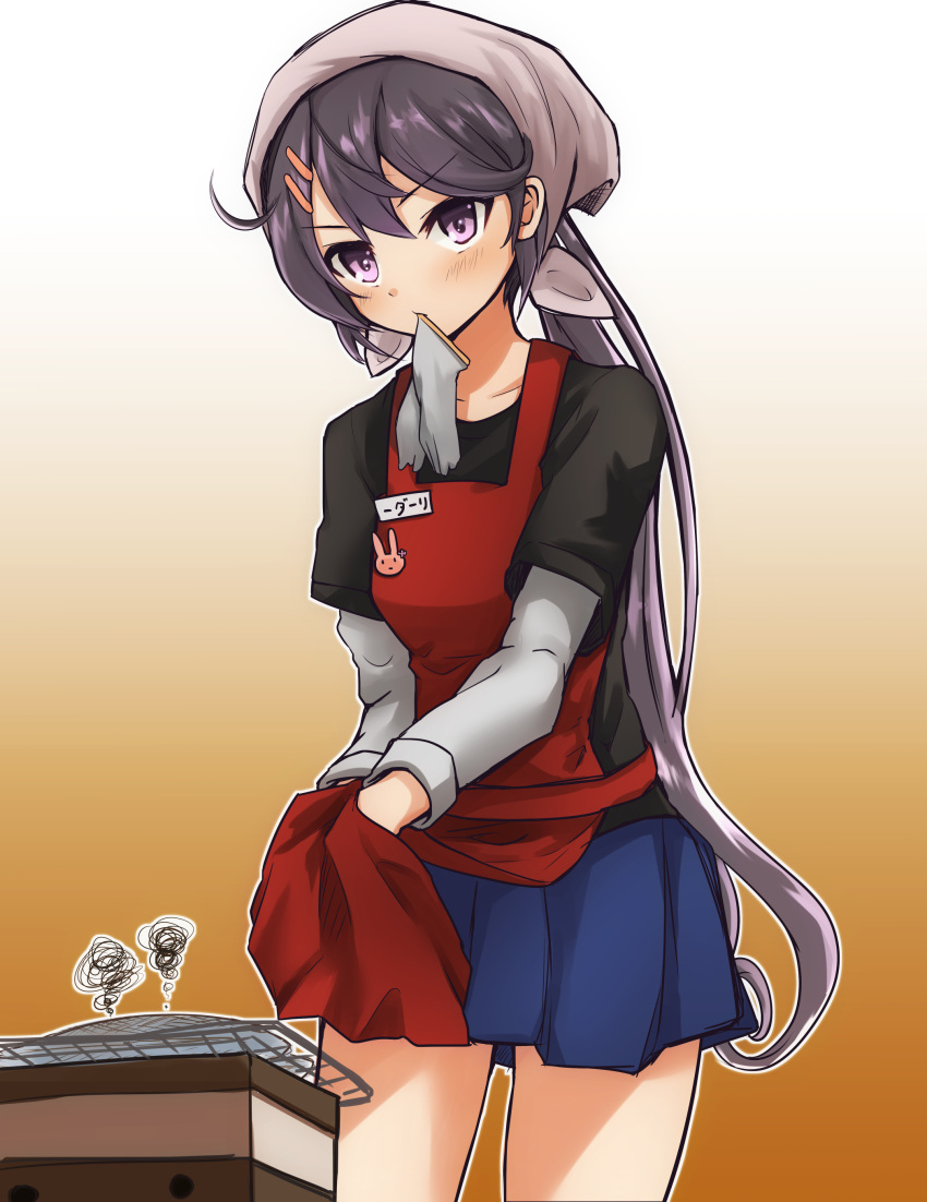 1girl absurdres ahoge akebono_(kantai_collection) bangs black_shirt blue_skirt blush brown_background bunny_pin collarbone commentary_request cooking cowboy_shot eyebrows_visible_through_hair fish glove_in_mouth gloves gradient gradient_background grill grilling hair_ornament hairclip highres kantai_collection long_hair long_sleeves looking_at_viewer mouth_hold outline pleated_skirt ponytail purple_hair red_apron shirt short_over_long_sleeves short_sleeves skirt solo squiggle t-shirt tenugui v-shaped_eyebrows very_long_hair violet_eyes white_outline wiping_hands yankee41