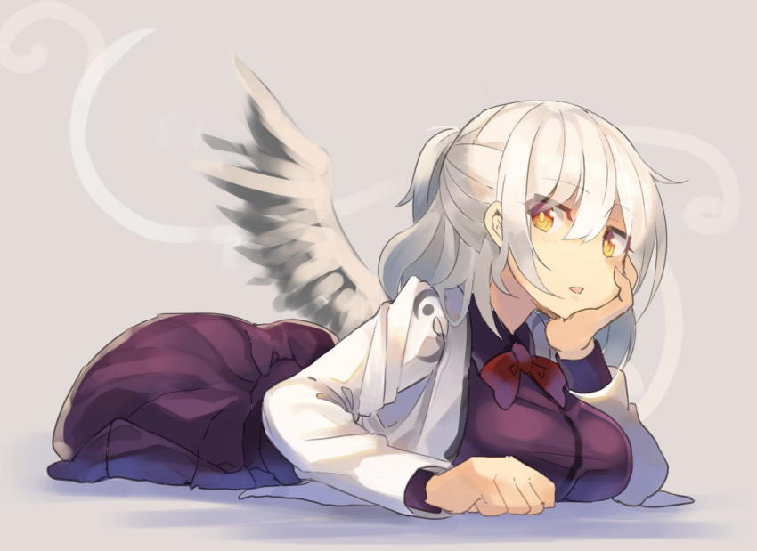 1girl alternate_eye_color arm_support ass bangs bow bowtie breast_rest breasts chin_rest commentary_request dress eyebrows_visible_through_hair feathered_wings grey_background hair_between_eyes half_updo hand_up jacket kishin_sagume large_breasts long_sleeves looking_at_viewer lying on_stomach open_clothes open_jacket orange_eyes parted_lips purple_dress red_bow red_neckwear rin_falcon shadow short_hair silver_hair simple_background single_wing solo touhou white_jacket white_wings wings