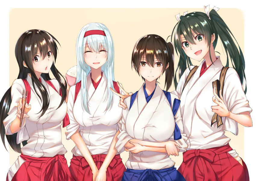 4girls akagi_(kantai_collection) batabata0015 brown_eyes brown_hair chopsticks hair_ribbon hairband hakama_skirt headband highres hip_vent japanese_clothes kaga_(kantai_collection) kantai_collection long_hair multiple_girls ribbon rice_bowl shoukaku_(kantai_collection) side_ponytail simple_background skirt smile straight_hair twintails white_hair white_ribbon zuikaku_(kantai_collection)