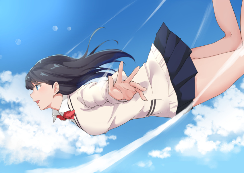 1girl bangs black_hair blue_eyes bow cardigan clouds collared_shirt day falling from_side light_rays long_hair long_sleeves looking_up miniskirt open_mouth outstretched_arms pleated_skirt red_bow school_uniform shirt skirt sky smile solo ssss.gridman takarada_rikka terry_(pixiv3274443) thighs white_cardigan white_shirt