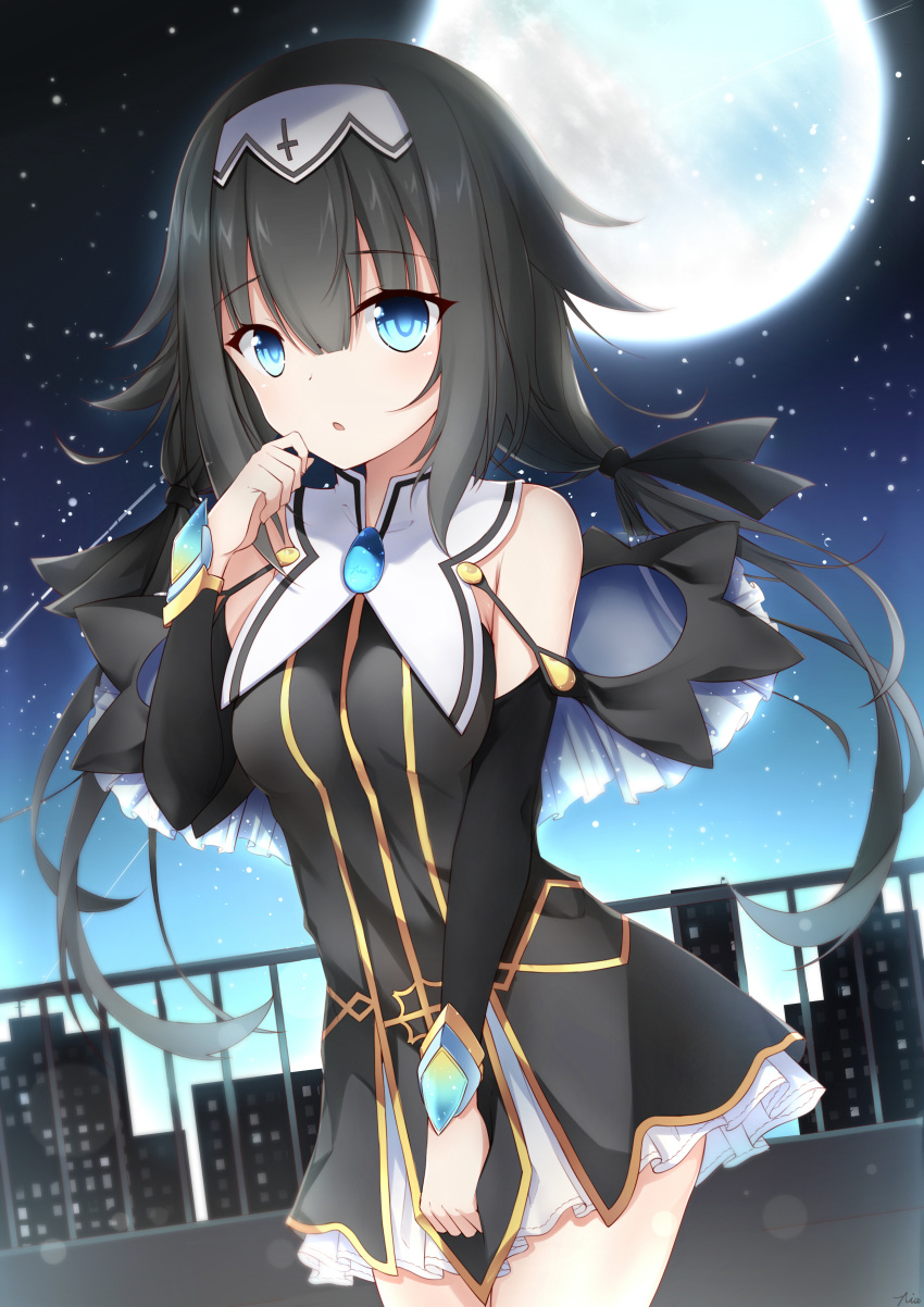 1girl absurdres black_dress black_hair black_ribbon black_sleeves blue_eyes character_request cowboy_shot date_a_live detached_sleeves dress eyebrows_visible_through_hair floating_hair full_moon hair_between_eyes hair_ribbon highres long_hair long_sleeves moon night open_mouth outdoors poinia ribbon rooftop shiny shiny_hair short_dress sky sleeveless sleeveless_dress solo standing star_(sky) starry_sky twintails