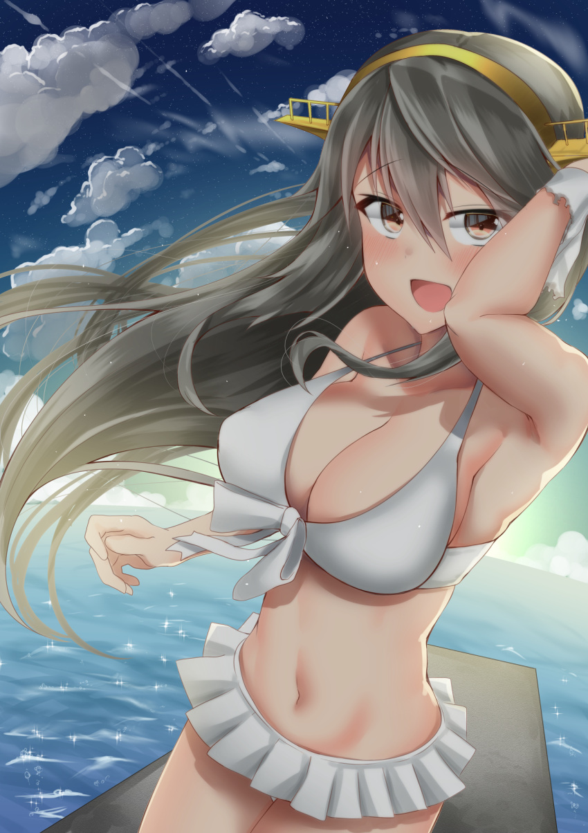 1girl :d armpits bikini black_hair blush breasts cleavage clouds frilled_bikini_bottom front-tie_bikini front-tie_top hair_between_eyes hairband haruna_(kantai_collection) headgear highres kantai_collection kitajima_yuuki large_breasts long_hair looking_at_viewer navel ocean open_mouth red_eyes smile solo sunrise swimsuit white_bikini wind