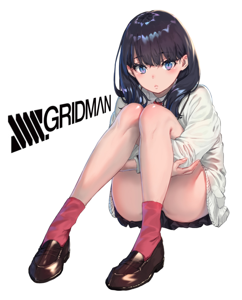 1girl black_hair blue_eyes cardigan closed_mouth commentary_request copybird eyebrows_visible_through_hair highres legs long_sleeves looking_at_viewer rolua short_hair simple_background sitting socks solo ssss.gridman takarada_rikka white_background white_cardigan