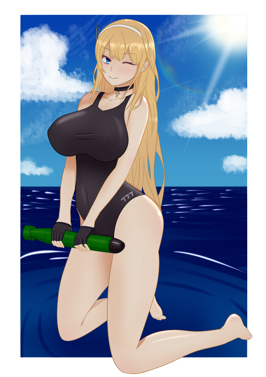 absurdres azur_lane battleship black_gloves blonde_hair blue_eyes blush breasts cross gloves hairband highres large_breasts long_hair looking_at_viewer military military_vehicle north_carolina_(azur_lane) one_eye_closed ship simple_background smile solo swimsuit user_ydxz4335 warship watercraft