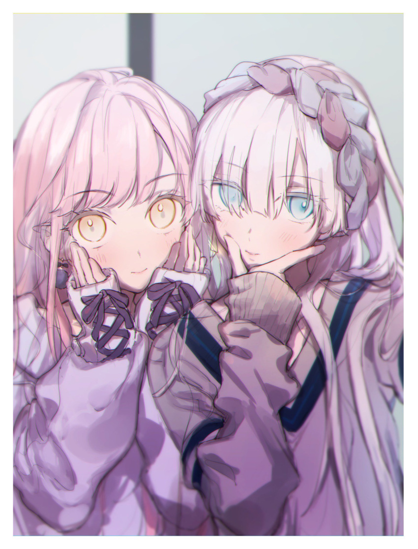 2girls alternate_costume anastasia_(fate/grand_order) ashita_kura bangs blue_eyes blush commentary earrings eyebrows_visible_through_hair fate/grand_order fate_(series) hair_between_eyes hair_over_one_eye hairband hands_on_own_cheeks hands_on_own_face highres jewelry long_hair long_sleeves looking_at_viewer medb_(fate)_(all) medb_(fate/grand_order) multiple_girls pink_hair self_shot sidelocks silver_hair smile sweater yellow_eyes