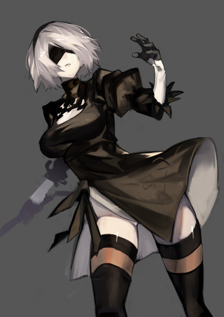 1girl absurdres ass balance_(superdust) black_dress black_legwear blindfold boots breasts cleavage cleavage_cutout closed_mouth dress feather_trim gloves hairband highres holding holding_sword holding_weapon lips medium_breasts nier_(series) nier_automata short_hair simple_background solo sword thigh-highs thigh_boots thighs turtleneck weapon white_hair yorha_no._2_type_b