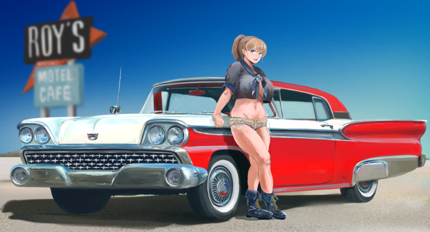 1girl adapted_costume black_shirt blue_eyes blue_footwear blue_sky blurry breasts brown_hair car curvy depth_of_field ford full_body grey_neckwear ground_vehicle highres intrepid_(kantai_collection) kantai_collection kichiwo_misaki large_breasts looking_at_viewer motor_vehicle plump ponytail shirt short_hair short_shorts shorts sign sky solo vehicle_request