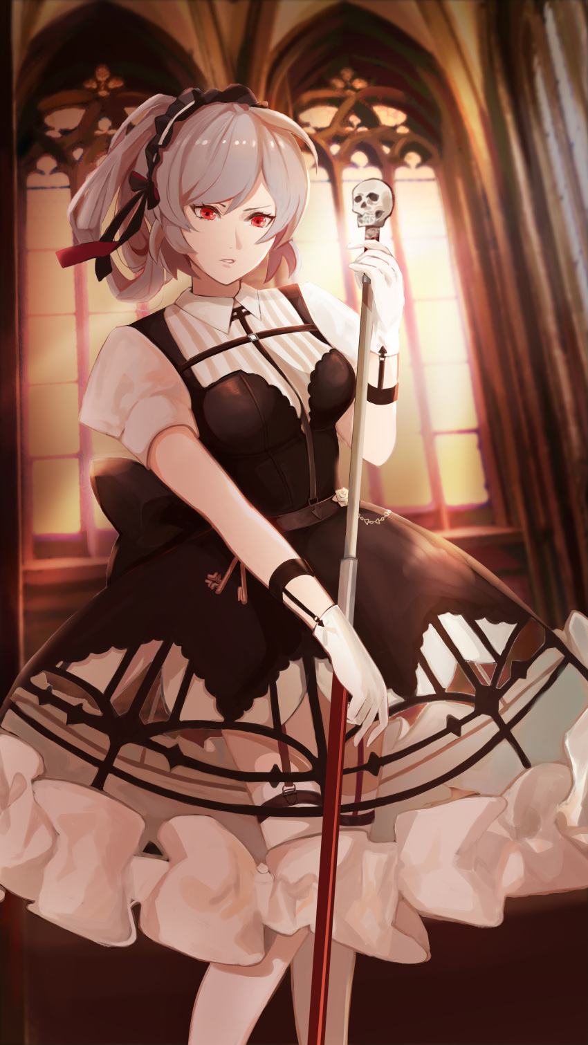 1girl absurdres black_dress bow dress garter_straps gloves grey_hair hair_bow hair_rings highres holding holding_staff indoors iron_saga judith_(iron_saga) key medium_hair parted_lips red_eyes short_sleeves skull solo staff standing thigh-highs white_gloves white_legwear window yukishigure_35