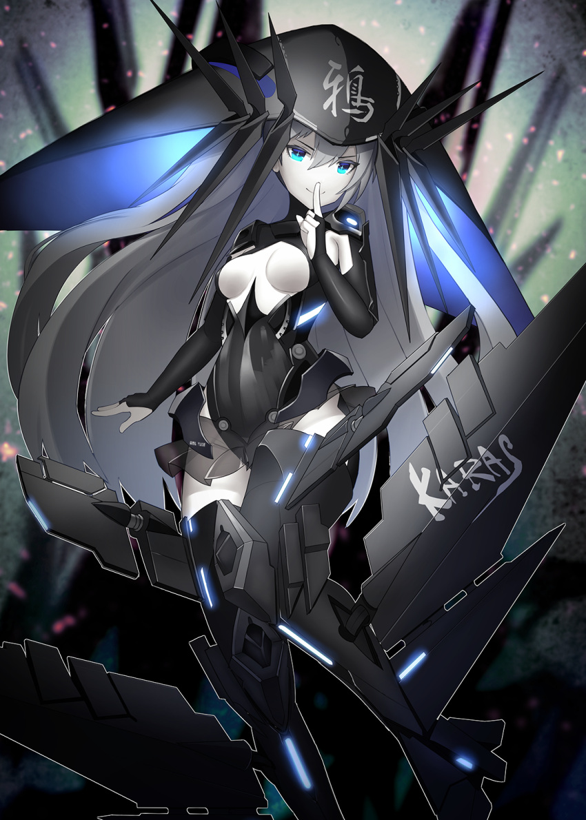 &gt;:) +_+ 1girl arm_at_side armored_boots big_hair black_footwear black_leotard black_skirt blue_eyes blurry blurry_background boots breasts breasts_apart bridal_gauntlets center_opening closed_mouth commentary_request dakunesu faulds finger_to_mouth flying glowing grey_hair headgear highres index_finger_raised iron_saga leotard long_hair looking_at_viewer mecha_musume mechanical_wings medium_breasts microskirt pale_skin pleated_skirt see-through shushing skirt smile solo straight_hair thigh-highs thigh_boots translated very_long_hair wings